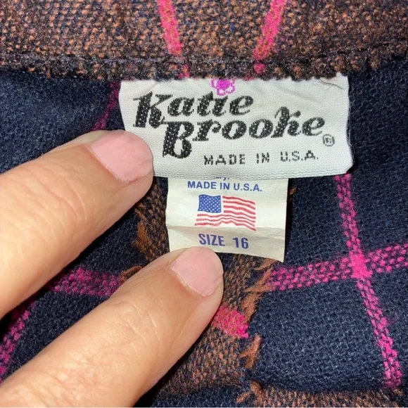 Vintage Katie Brooke Wool Skirt A-Line Size 16 Navy Blue Brown Pink